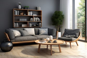 interior of modern living room with grey armchairs and coffee table