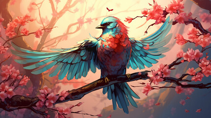 he bird perched on a tree branch, its wing healed and spreading its wings in gratitude, anime style illustration created with Generative Ai