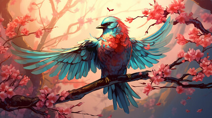 Obraz premium he bird perched on a tree branch, its wing healed and spreading its wings in gratitude, anime style illustration created with Generative Ai