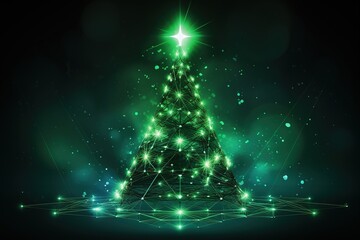 futuristic glowing green christmas tree , digital electronic programming neon code with green lines and dots, science and technology, Glowing rays with flickering particles , New year banner .