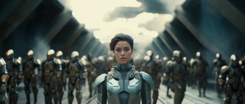 Medium shot of futuristic female soldiers standing in front of a line of soldiers. Sci-fi concept. Anamorphic 4k footage