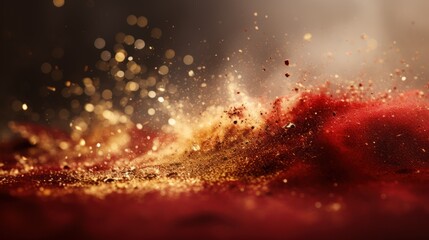 Christmas holidays red, gold colored dust glitter explosion background. Splash of traditional Christmas colors smoke shine dust on black background. Xmas New year abstract festive banner