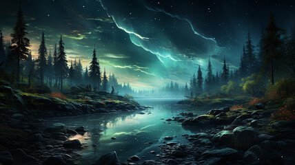 dark green forest landscape with mountain and lake.