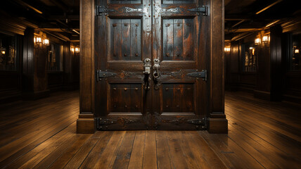a wooden entrance door of a medieval house,