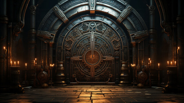 interior with a dark door in the background of the ancient temple. high quality illustration. high quality illustration