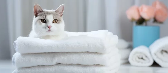 Crédence de cuisine en verre imprimé Spa Humorous cat spa caring for animals in a cozy scene with white towels