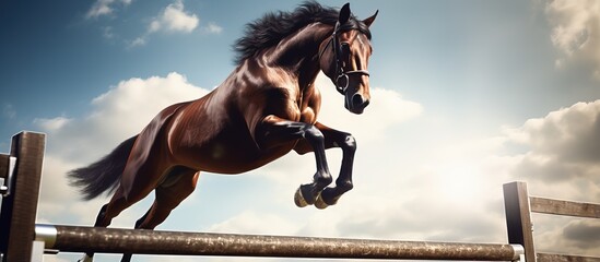 Equestrian maneuver horse clearing obstacles - obrazy, fototapety, plakaty