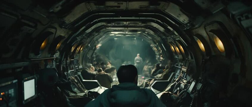 Group of mens sitting in spaceship cabin. Anamorphic 4k footage