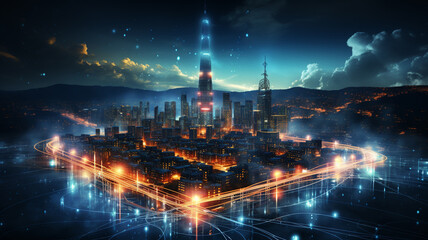 Fototapeta na wymiar illustration of city with abstract hologram of fi network with big data and digital world connection concept