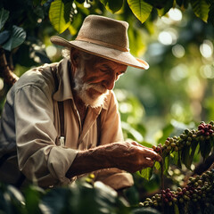 Fototapeta premium Traditional Coffee Grower Meticulously Inspecting Ripe & Unripe Berries on his Coffee Plant - Highlighting Agrarian Dedication. Generative - Arabica & Robusta Berries from Farm to Cup AI.
