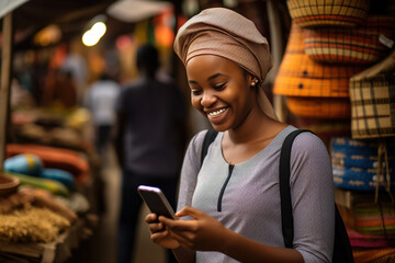 Young smiling african woman using mobile phone in a local market. - obrazy, fototapety, plakaty