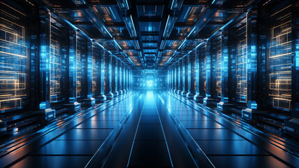 data center and internet technology concept with server room in background