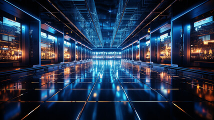 data center and internet technology concept with server room in background - obrazy, fototapety, plakaty