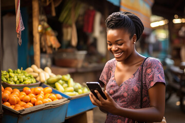 Portrait of smiling african woman using mobile phone in a local market. - obrazy, fototapety, plakaty