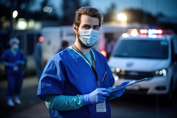 Male EMS key worker doctor in front of healthcare ambulance vehicle, wearing protective PPE face mask equipment, holding medical lab patient health check form. COVID-19 pandemic outbreak crisis. - Powered by Adobe