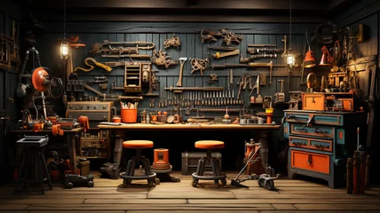 Fototapeten vintage wooden table in workshop with tools © Aghavni