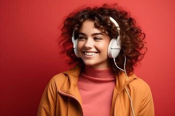 Full length photo of a happy Young woman in headphones on red background. Natural colors, minimalist, bright background, clean sharp focus