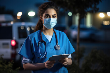 Young female Emergency Medical Service worker doctor wearing protective face mask holding medical patient's health check form in front of healthcare medical ambulance vehicles at night.