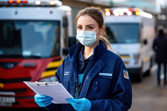 Young female Emergency Medical Service worker doctor in front of healthcare medical ambulance vehicles, wearing protective face mask holding medical patient's health check form.