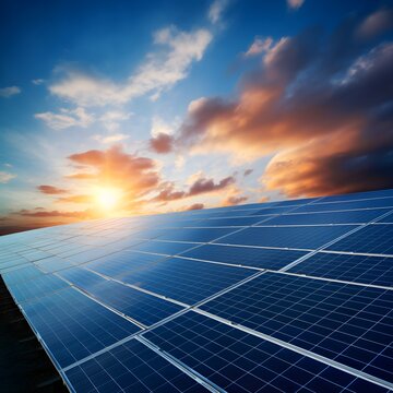 A field of Solar panels in rows, sun set sky, eco friendly, clean energy concept, global warming