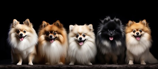 Pomeranian spitz dogs of various colors sitting against a black background - obrazy, fototapety, plakaty