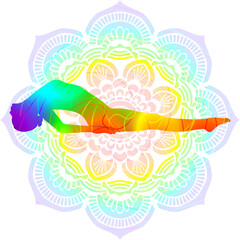 Fototapeta na wymiar Colorful silhouette yoga posture. Fish pose. Matsyasana. Supine and Backbend. Isolated vector illustration. Mandala background.