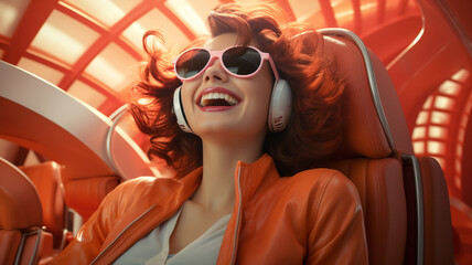 woman listening to music in retro room, retro style