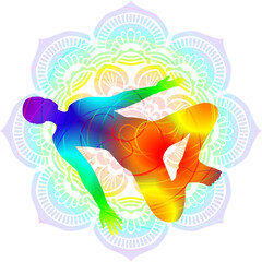 Colorful silhouette yoga posture. Supine Bound Angle pose. Supta Baddha Konasana. Supine and Neutral. Isolated vector illustration. Mandala background.