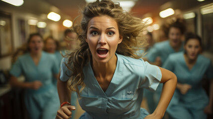 female nurse in hospital corridor. healthcare and medicine concept. - obrazy, fototapety, plakaty