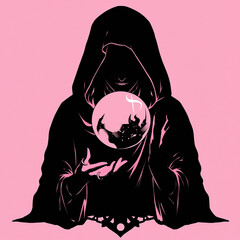 Monotone silhouette of a veiled fortune teller in front of a round crystal ball created with Generative Ai