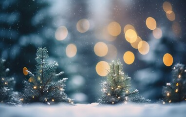 Fototapeta na wymiar Christmas winter blurred background. Xmas tree with snow