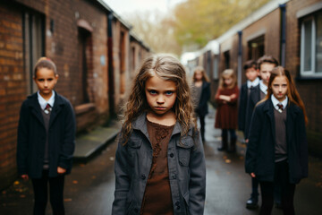 A distressing scene unfolds outdoors as angry kids gather in a narrow street, their faces contorted with negative emotions, directing their hostile gaze toward the camera.