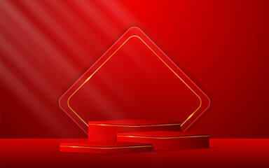 Multi-tiered red podium with red squares with elegant gold lines on the back for product presentation. Display of cosmetic products. Stage or podium. vector illustration	