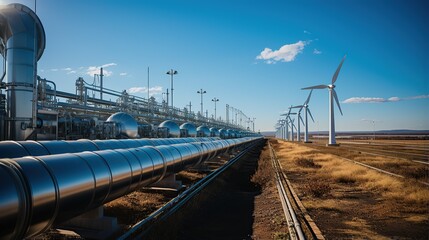 Naklejka premium A hydrogen pipeline with wind turbines. Renewable industry from wind turbine facilities.