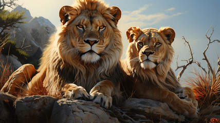 a portrait of a lion and a lion in the background of the lion