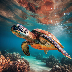 Naklejka na ściany i meble Vibrant Green Sea Turtle (Chelonia mydas) Gracefully Swimming Among Colorful Coral & Sand Underwater. Generative AI.