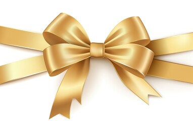 Decorative golden bow with long ribbon isolated on white background