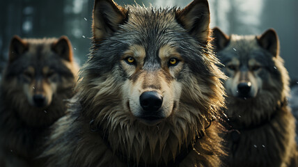 group of wild wolves in the forest