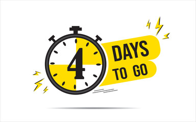 4 Day to go banner design, 04 Days left banner on yellow background. Time icon. Count time sale. Vector stock illustration.