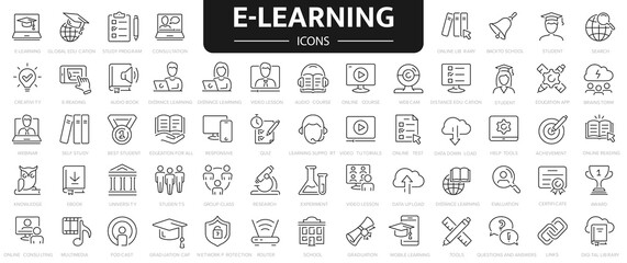 Fototapeta na wymiar E-learning, online education icons set. 60 Electronic learning icons. Distance learning collection outline icons collection.