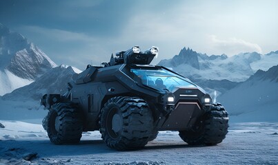 Advanced heavy military vehicles in a snowy ice environment, AI generative - obrazy, fototapety, plakaty