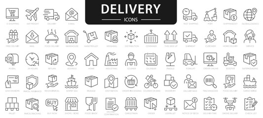 Fototapeta na wymiar Delivery line icons set. 60 icon delivery, shipping, logistics symbols. Outline icons collection.