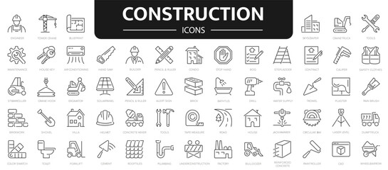 Construction line icons set. 60 Outline web icon set construction, home repair tools. Construction vehicle, elements, tools.