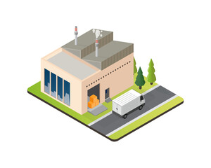 the factory and cargo truck isometric graphic