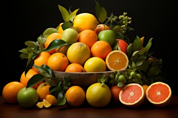 Variety of citrus fruit including lemons, lines, grapefruits and oranges.