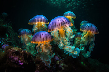 In a luminous underwater cavern, iridescent jellyfish form a radiant canopy, their tendrils casting prismatic patterns upon a coral reef's intricate tapestry of colors.