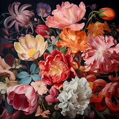 Painting background of various flowers full screen embossed, AI generative - obrazy, fototapety, plakaty