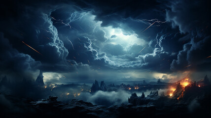 Fototapeta premium lightning storm clouds over night city landscape