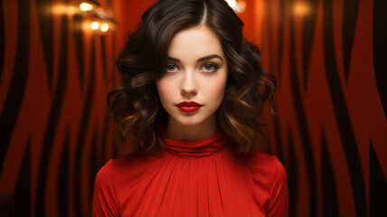 Fototapeta premium beautiful woman with red lips and short hair. beauty fashion model with curly hair