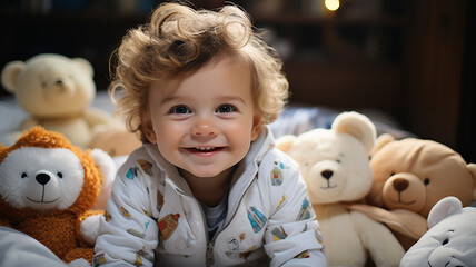 portrait of little baby boy with teddy bear